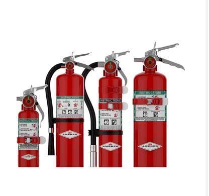 Three different sizes of fire extinguishers are lined up next to each other on a white background.