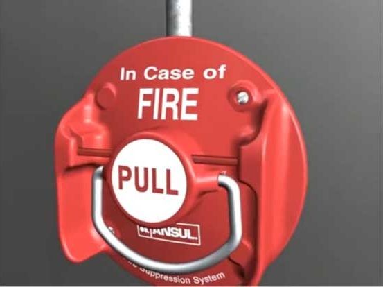 A red pull button that says in case of fire