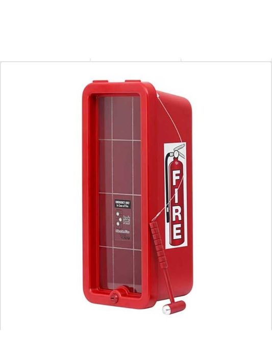 A red fire extinguisher holder with a chain attached to it.