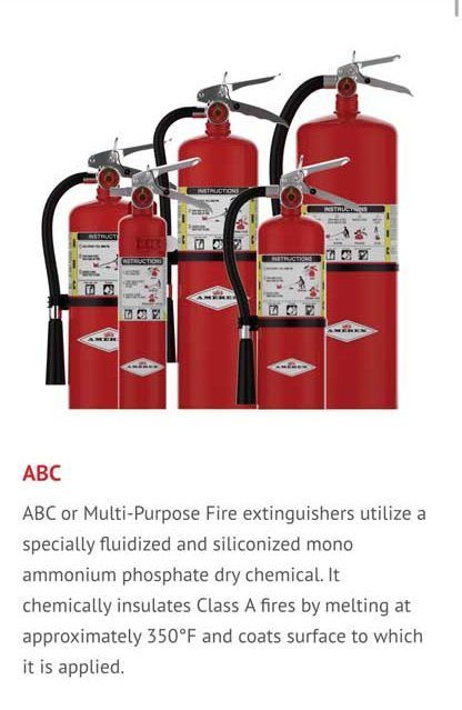 Abc or multi-purpose fire extinguishers utilize a specially fluidized and siliconized mono ammonium phosphate dry chemical.