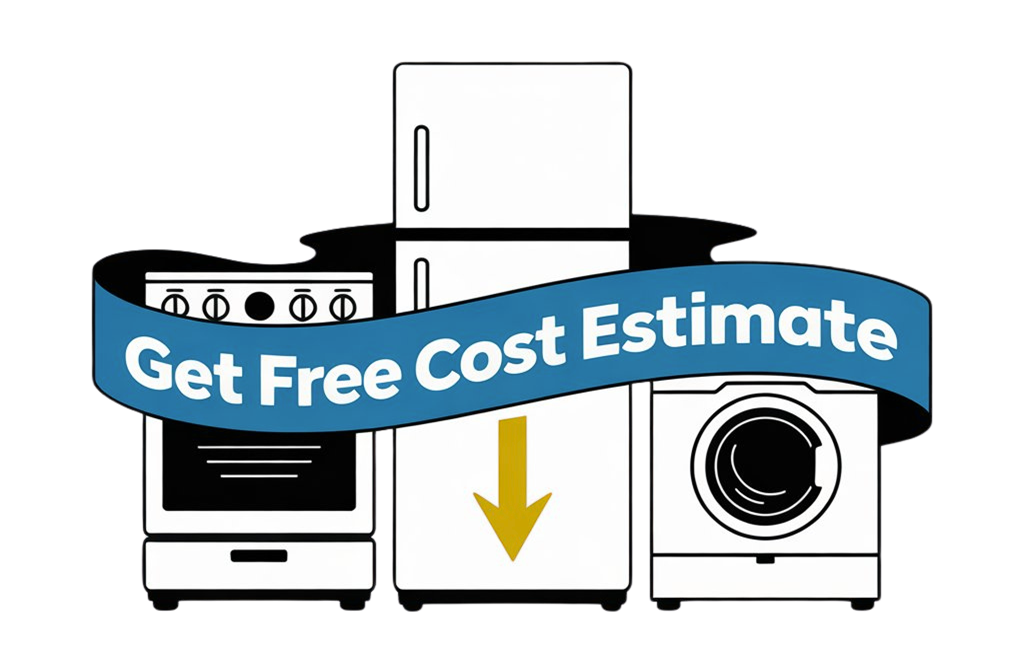 Ribbon says Get free cost estimate over appliances with arrow pointing down.