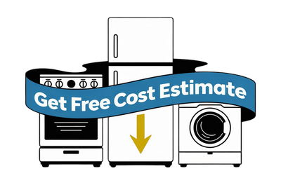 Ribbon says Get free cost estimate over appliances with arrow pointing down.