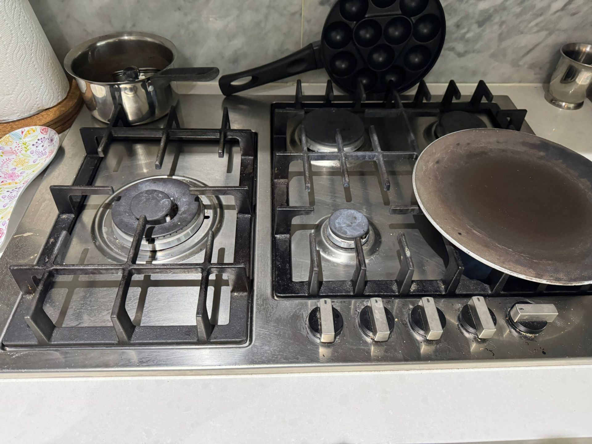 A gas stove top.