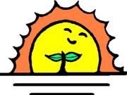 A cartoon drawing of a sun with a plant growing out of it.