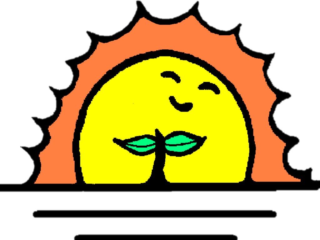 A cartoon drawing of a sun with a plant growing out of it.