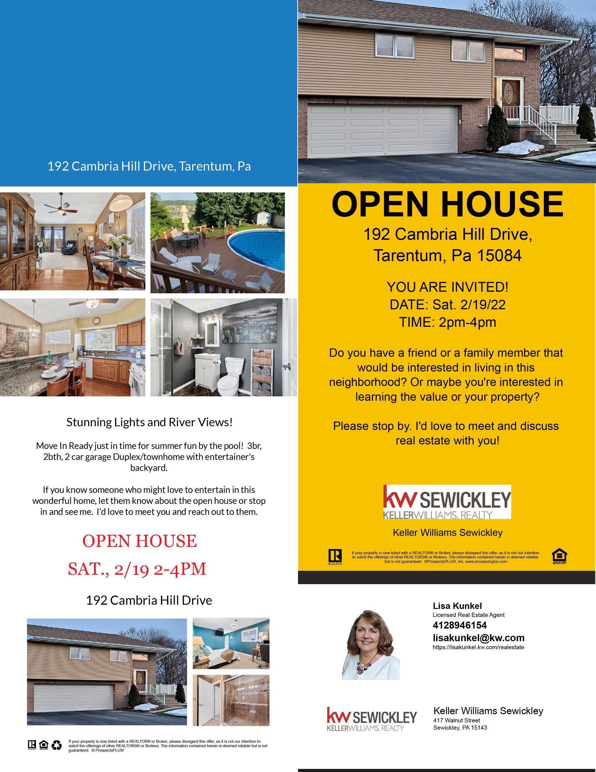 Real estate open house flyer: 162 Cambridge Dr, featuring a home, photos, and contact info.