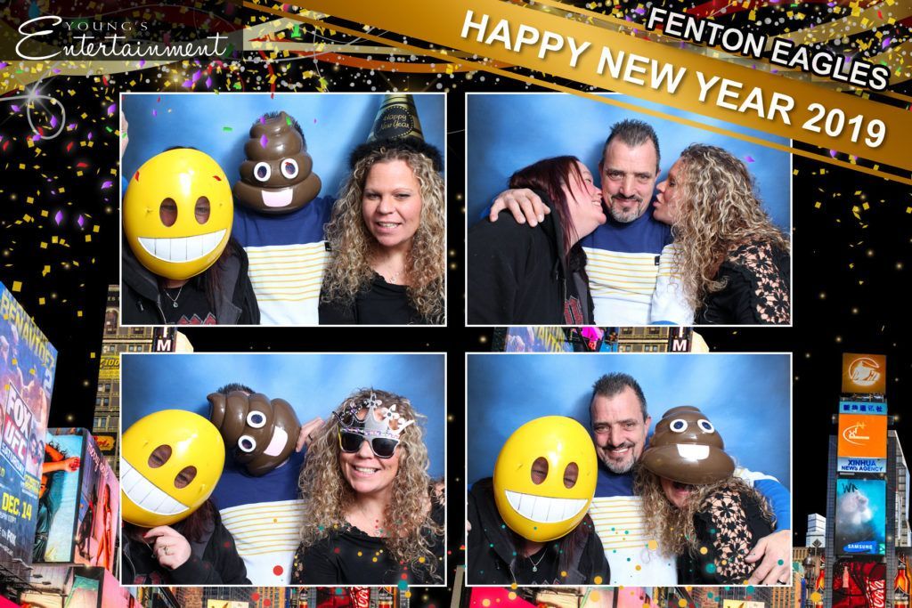Photo booth pictures from Fenton Eagles New Year 2019 event. People wear emoji masks, kiss, and pose together.