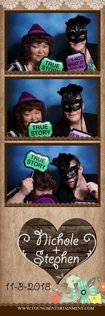 Photo booth strip of a couple wearing masks and hats with a wedding date at the bottom.