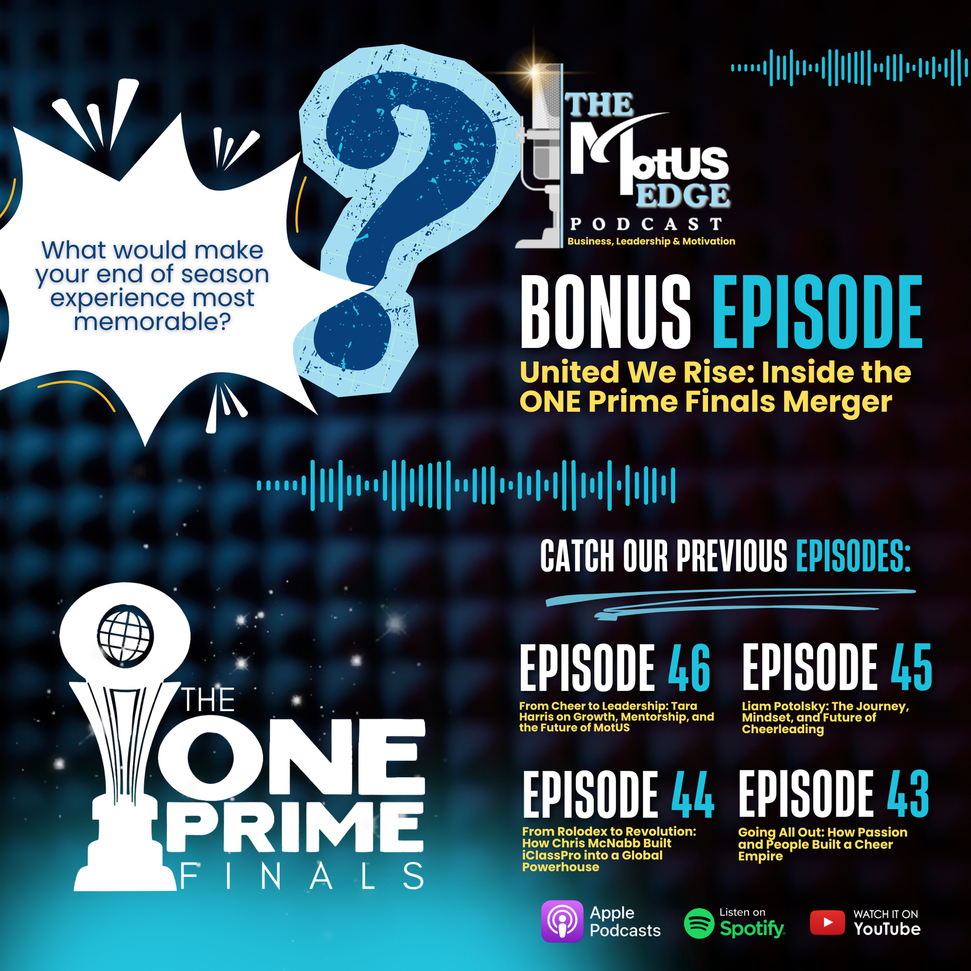 Podcast promotion graphic: Bonus episode about the ONE Prime Finals merger. Features logo, question mark, and episode numbers.