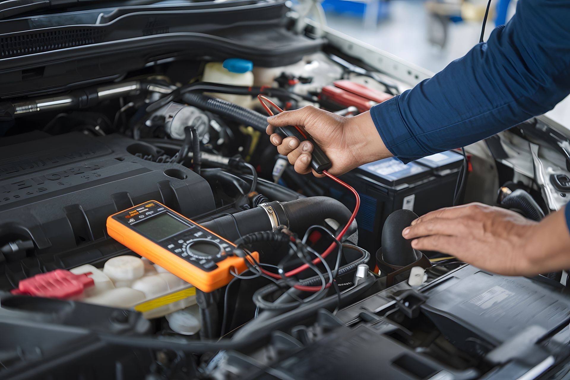Mechanic uses a multimeter to test a car battery in an engine bay.