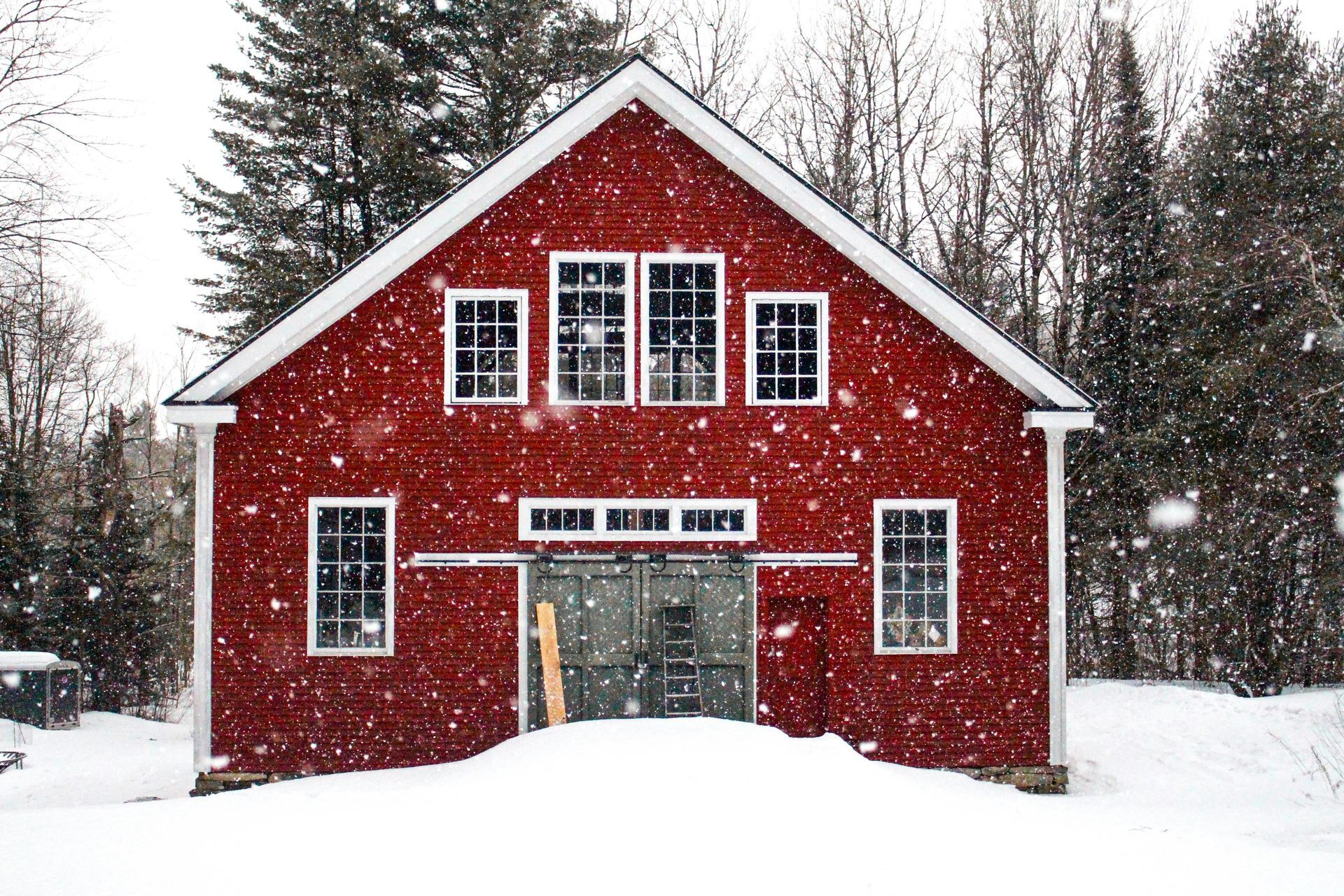 White garage door with black decorative hardware and small rectangular windows across the top. Gray stucco exterior.