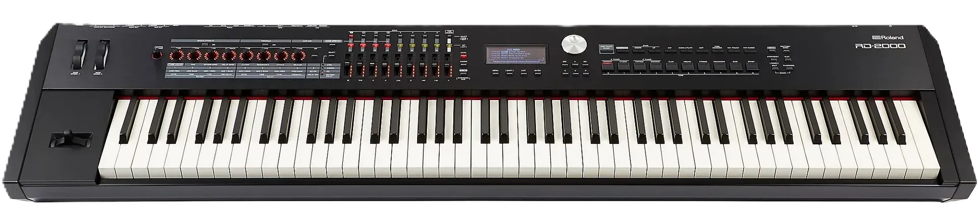 Black digital piano with white keys, buttons, and display.