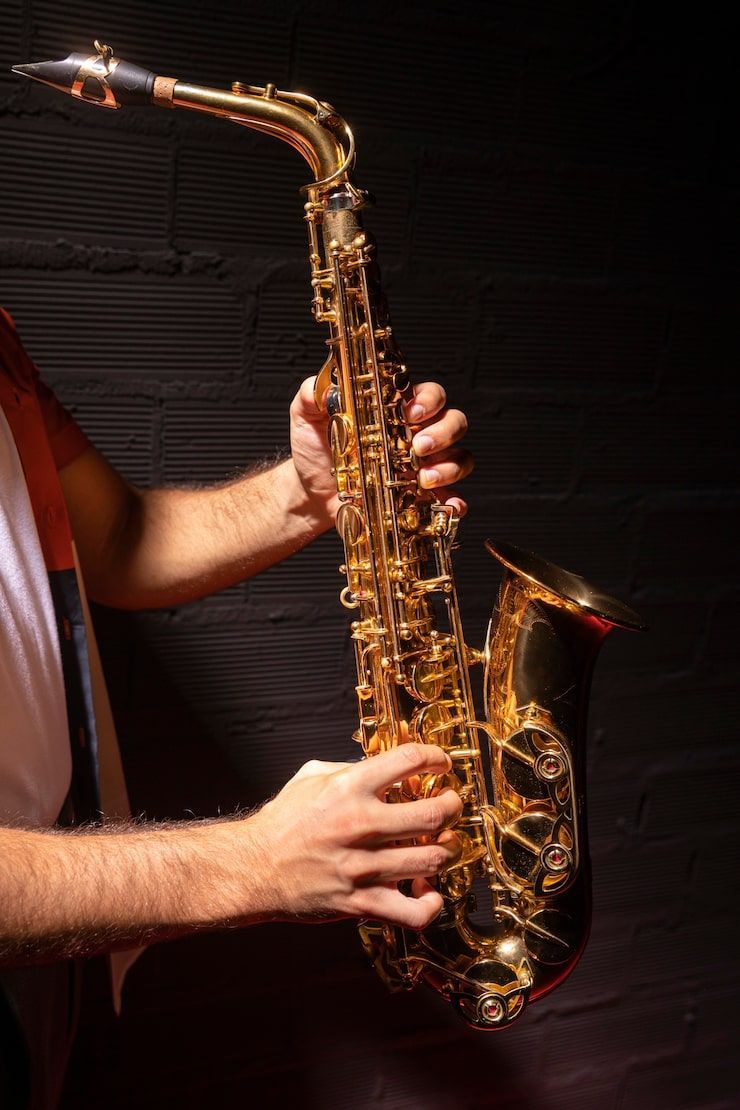 Person holding a golden saxophone, against a dark background.