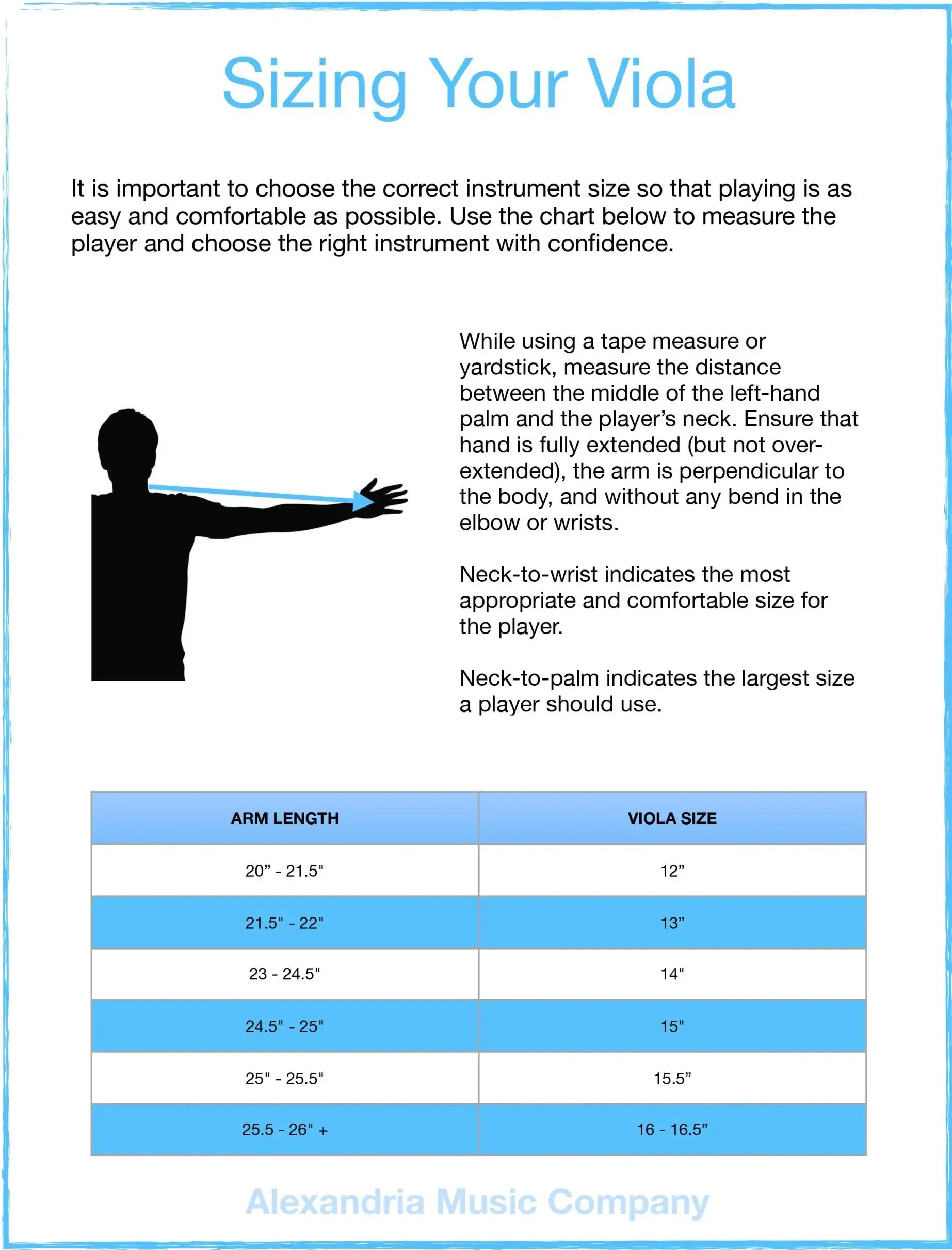 Viola sizing guide with silhouette arm measurement instructions and corresponding viola sizes.