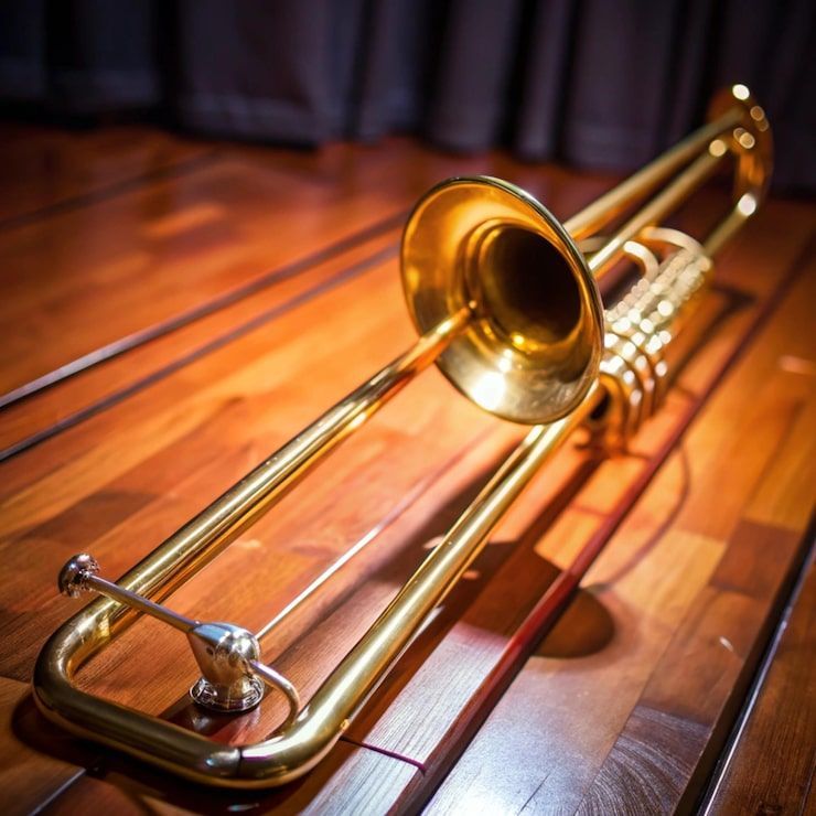 Gold trombone resting on a wooden floor.