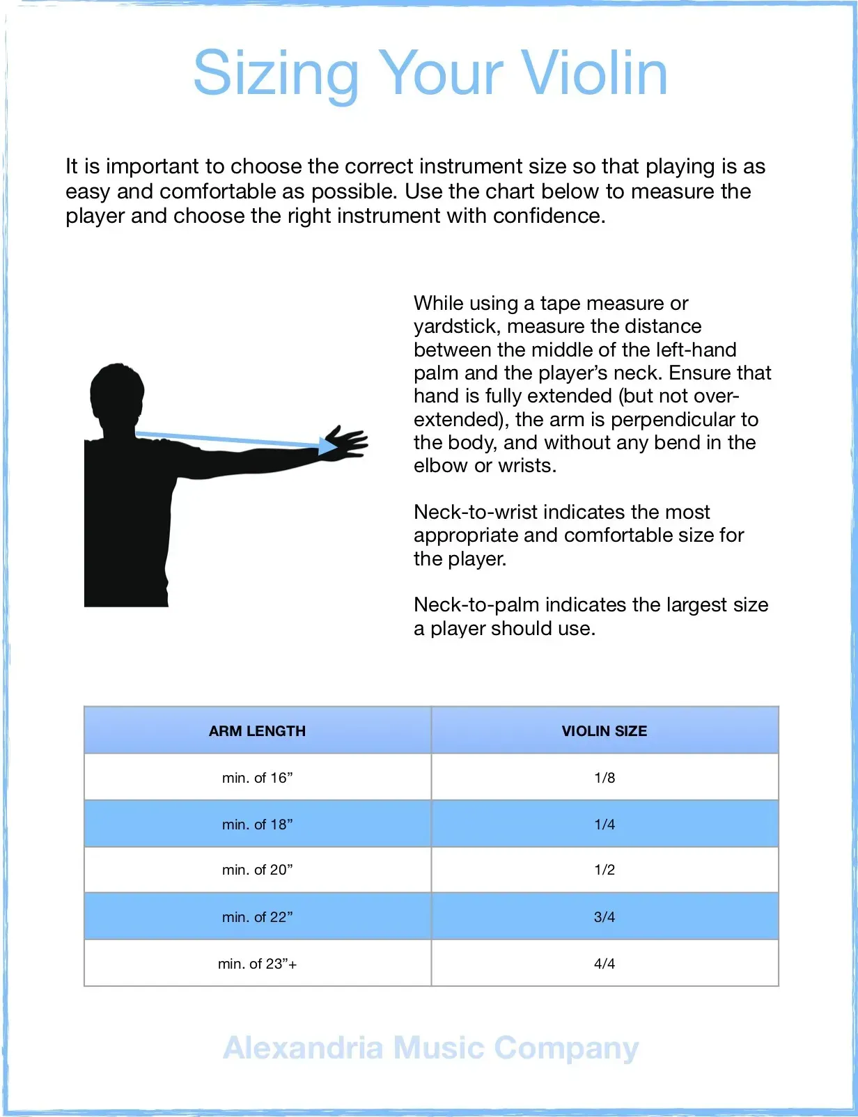 Sizing chart for violins, with a silhouette demonstrating how to measure arm length.