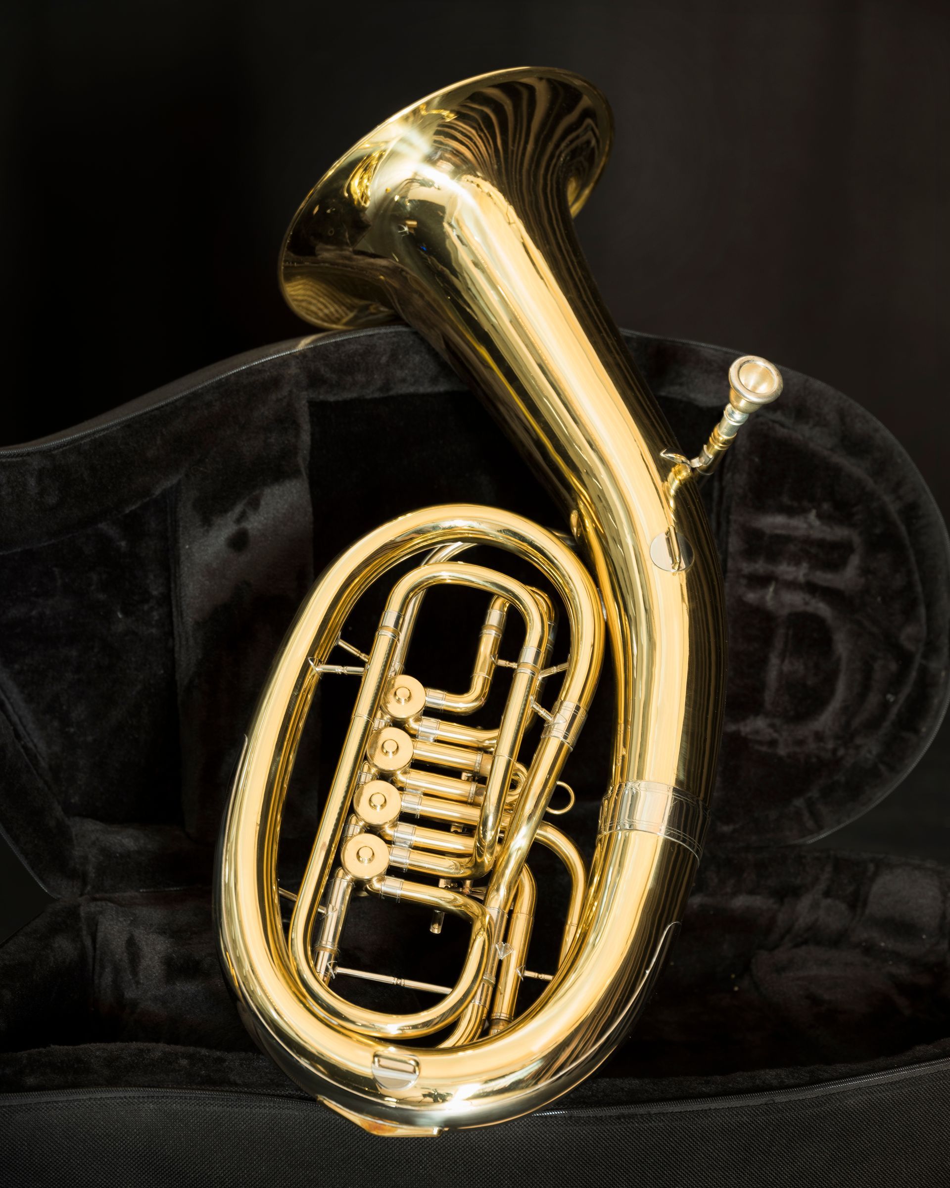 Trumpet on top of a conga drum. Brass instrument is centered, drums in background.