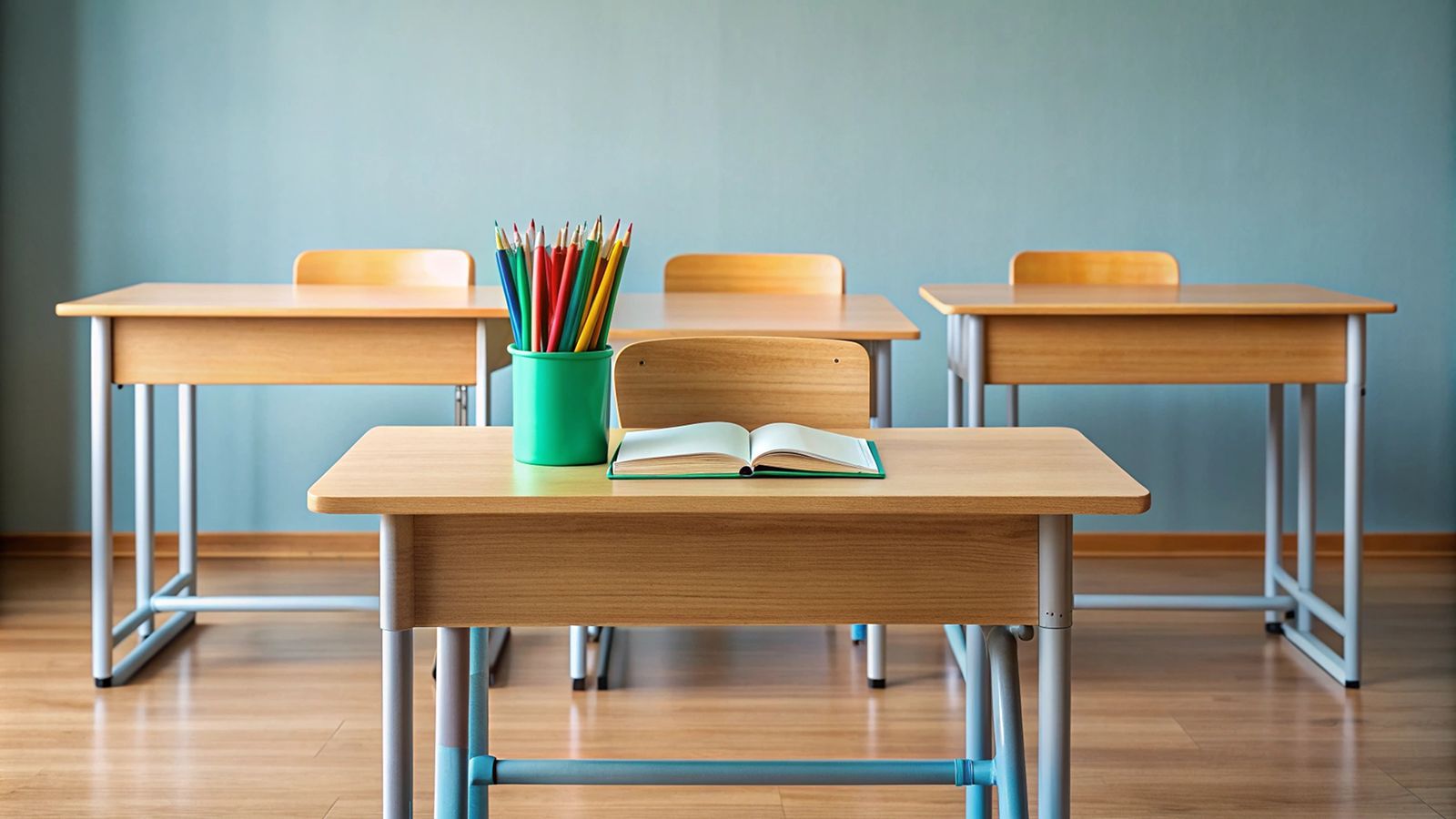 Aula vacía con escritorios de madera y una taza de lápices de colores.