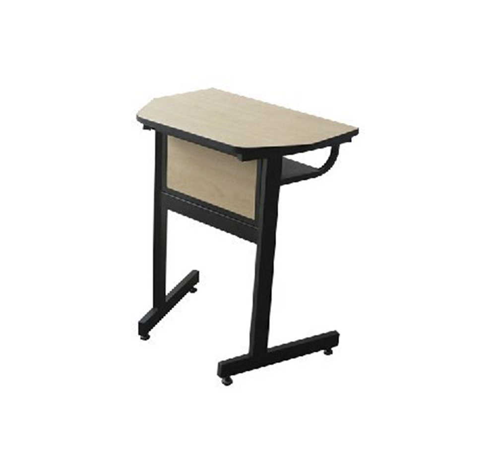 Escritorio pequeño, de color madera clara, con marco negro y forma angular, diseñado para uso de pie.