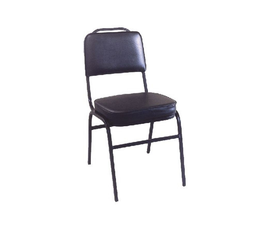 Silla negra con asiento y respaldo acolchados, estructura de metal.