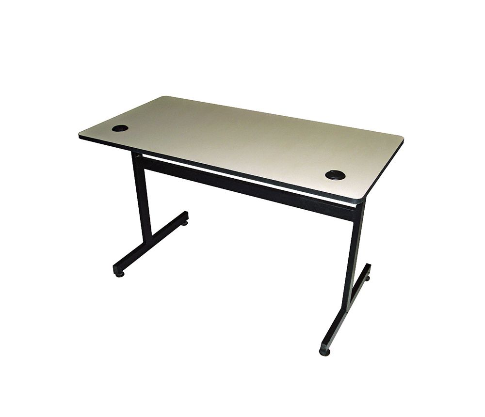 Escritorio rectangular de color tostado con patas negras y dos orificios para ojales.