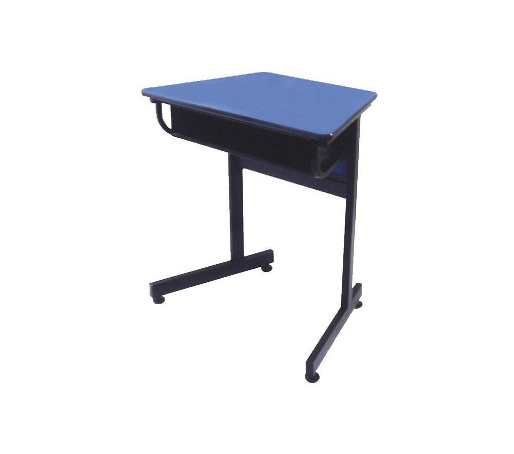 Pupitre escolar azul y negro con almacenaje y ruedas.