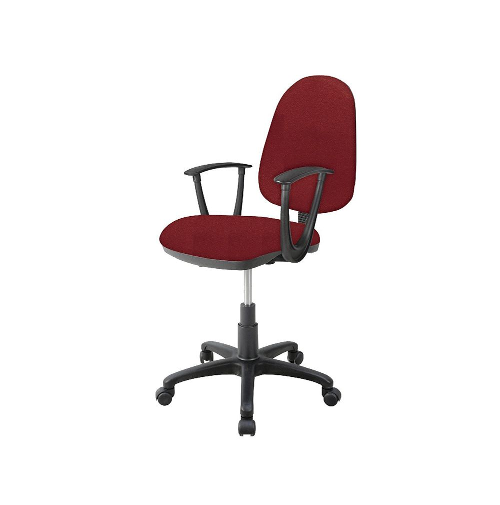 Silla de oficina roja con brazos y base de color negro, sobre fondo blanco.