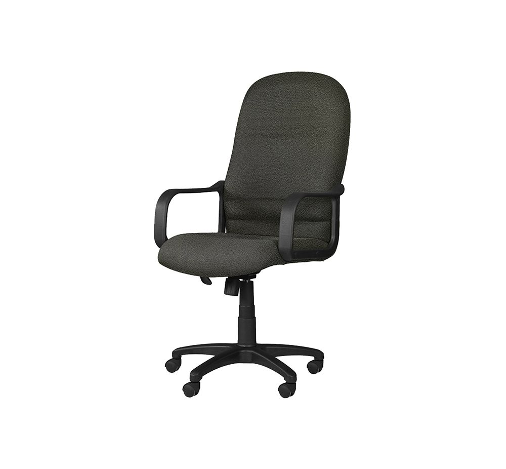 Silla de oficina negra con respaldo alto, reposabrazos y base de cinco radios con ruedas.