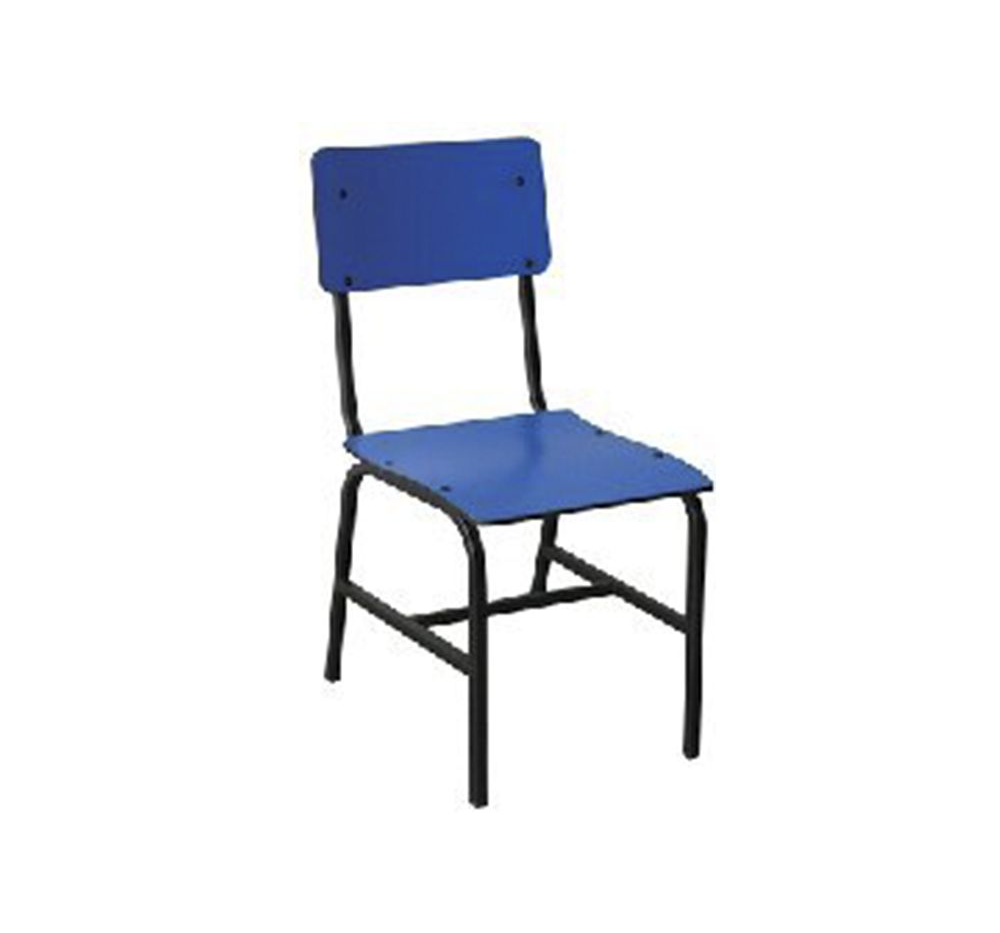 Silla escolar azul con estructura de metal negro.