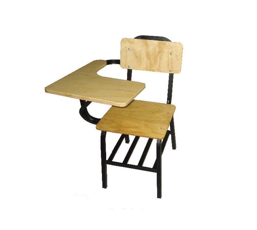 Silla de escritorio escolar con asiento, respaldo y superficie lateral para escribir en madera; estructura de metal negro.