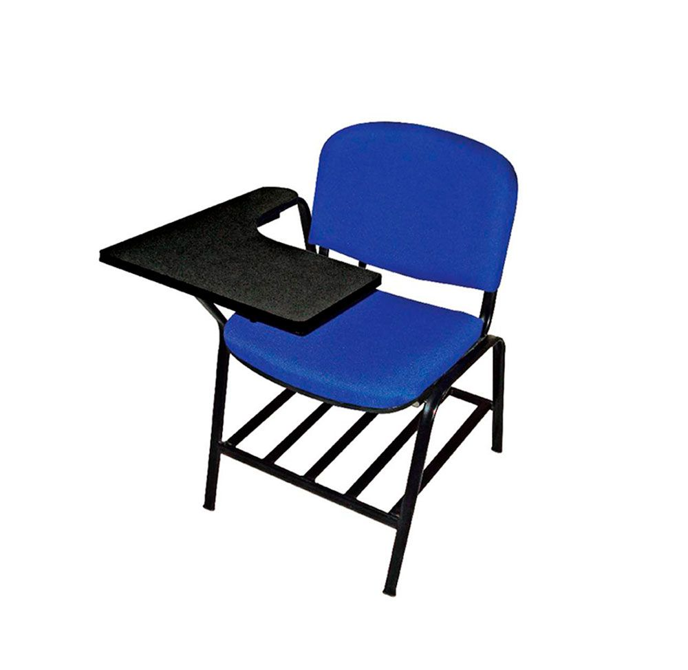 Silla de estudiante de color azul con superficie de escritura adjunta de color negro.