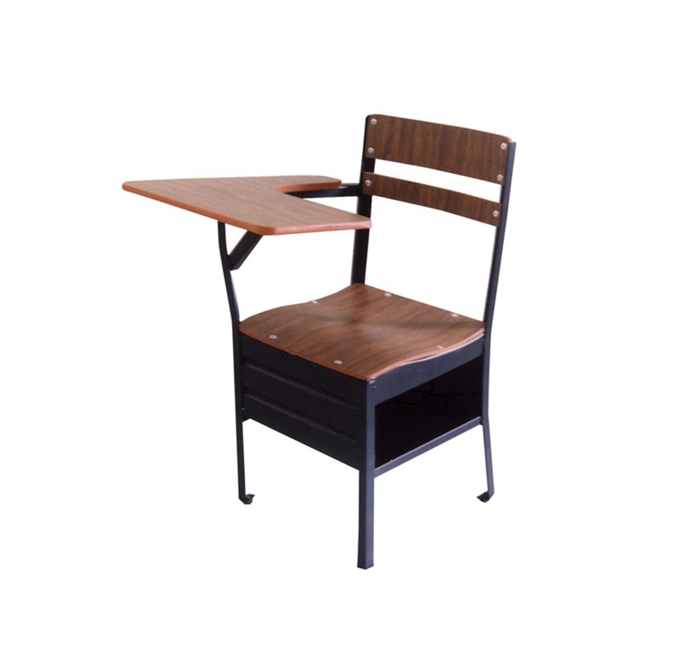 Silla de escritorio escolar, estructura de metal negro, asiento, respaldo y superficie de escritura de color marrón.