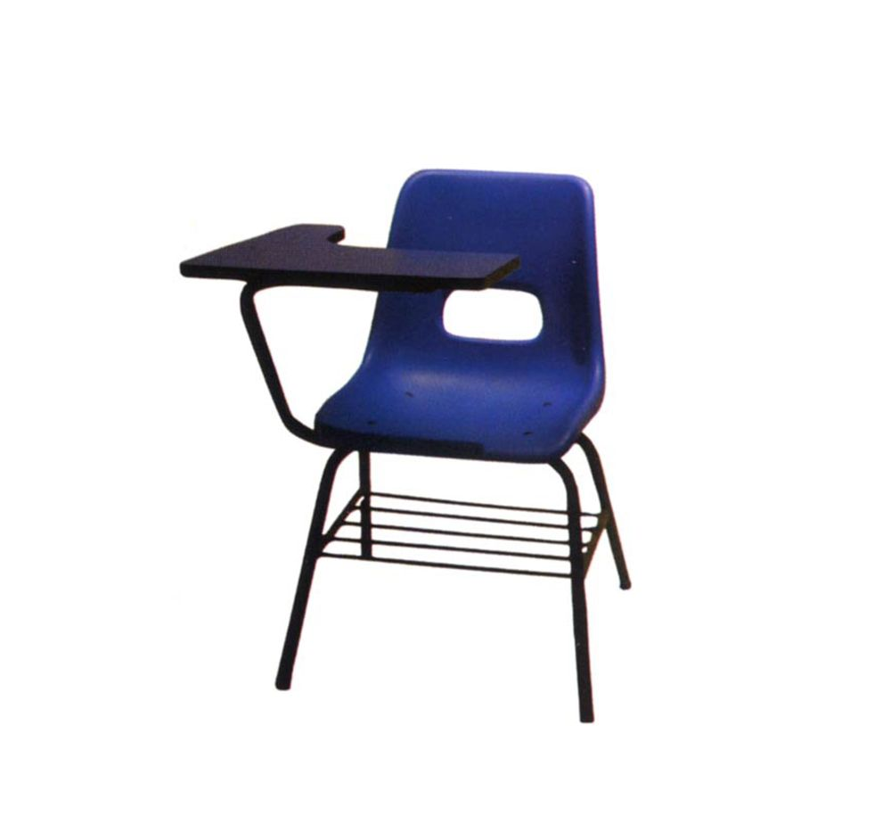 Silla de aula azul con superficie de escritura adjunta.