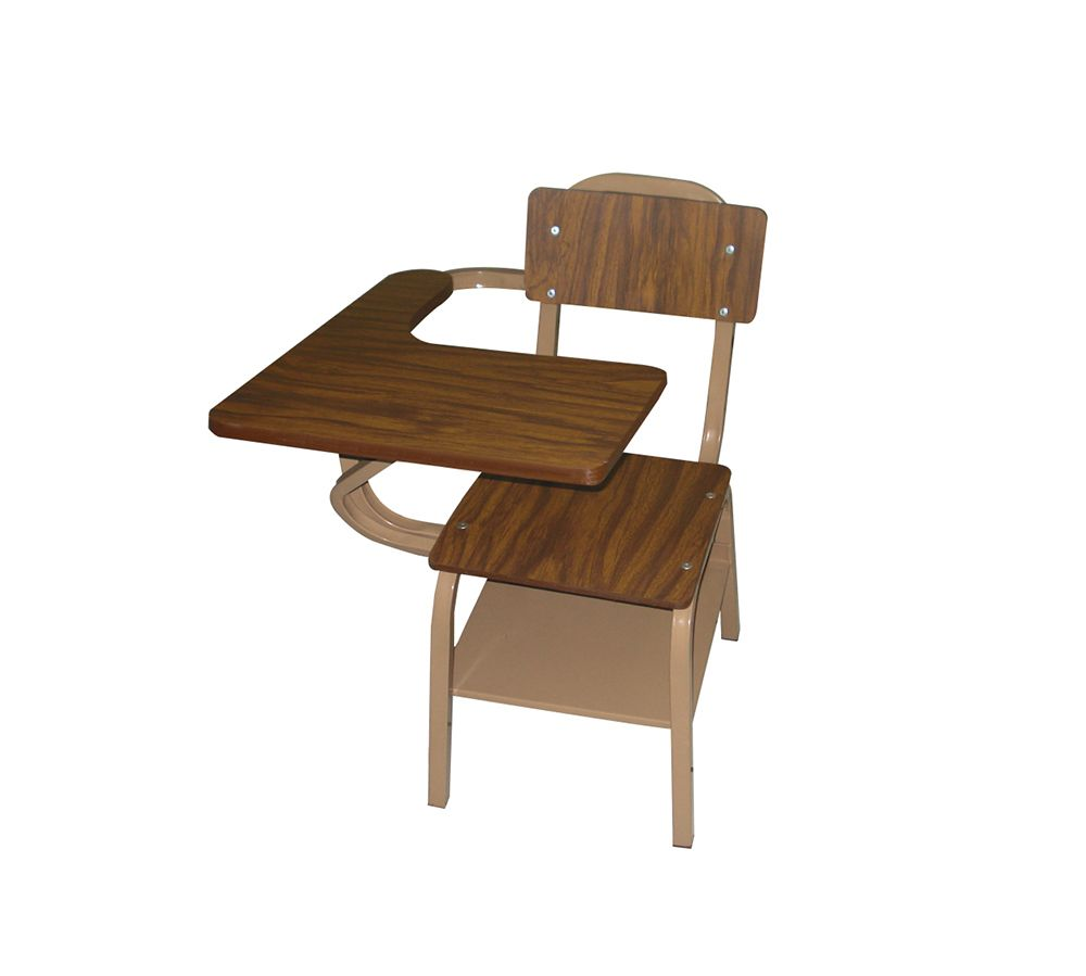 Escritorio de estudiante de color marrón con asiento y escritorio adjuntos; estructura de metal de color beige.