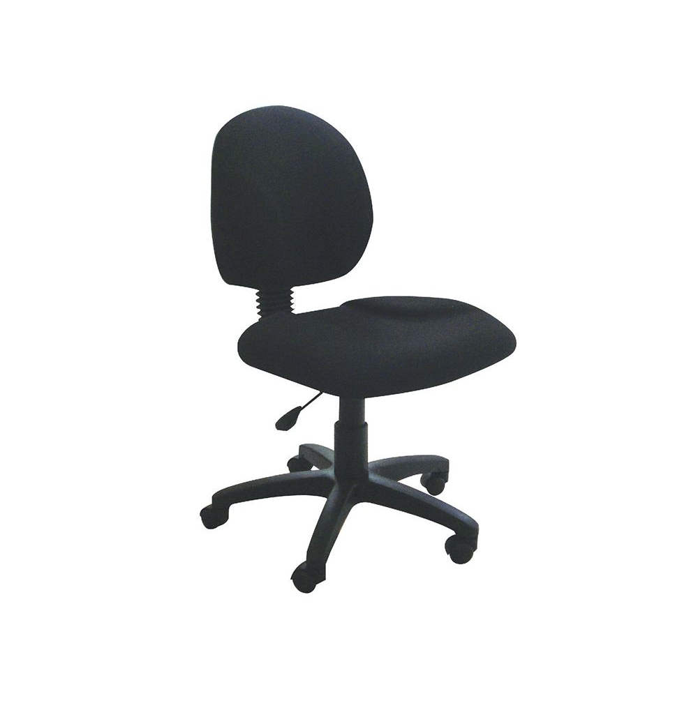 Silla de oficina negra con respaldo, asiento y base de cinco patas con ruedas.