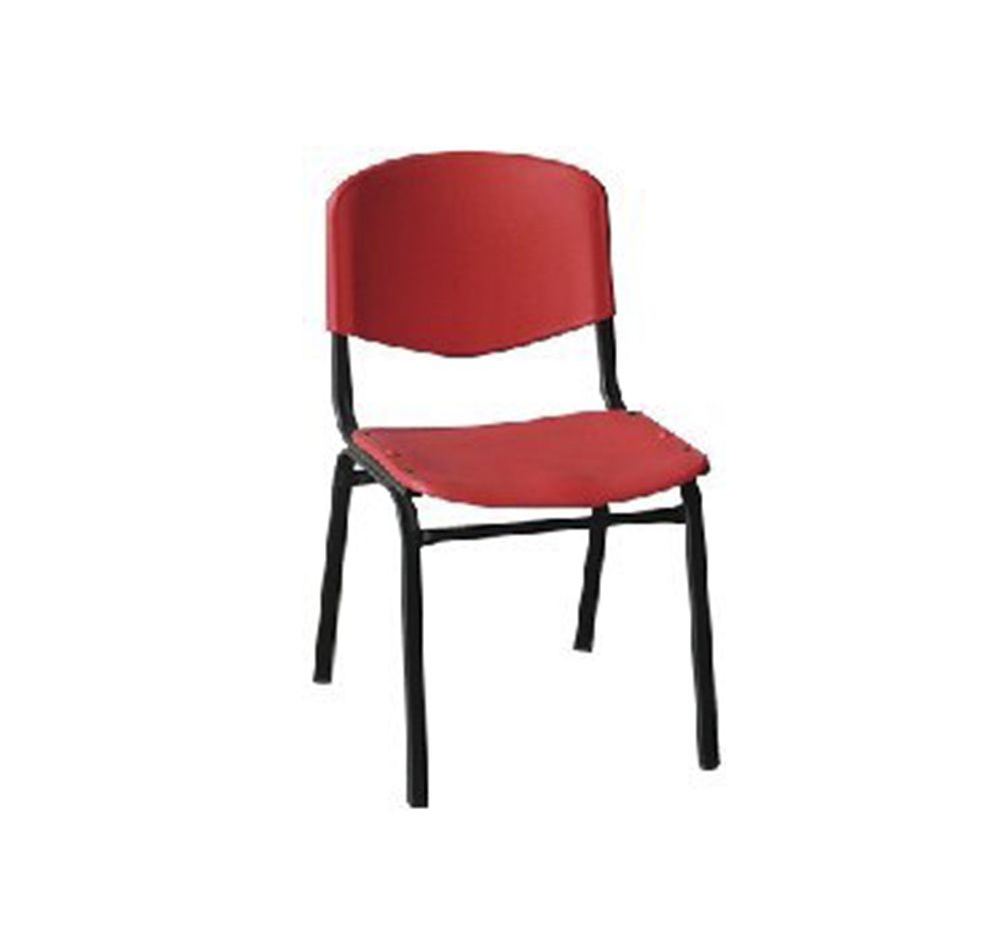Silla roja y negra con respaldo y asiento curvados, sobre fondo blanco.