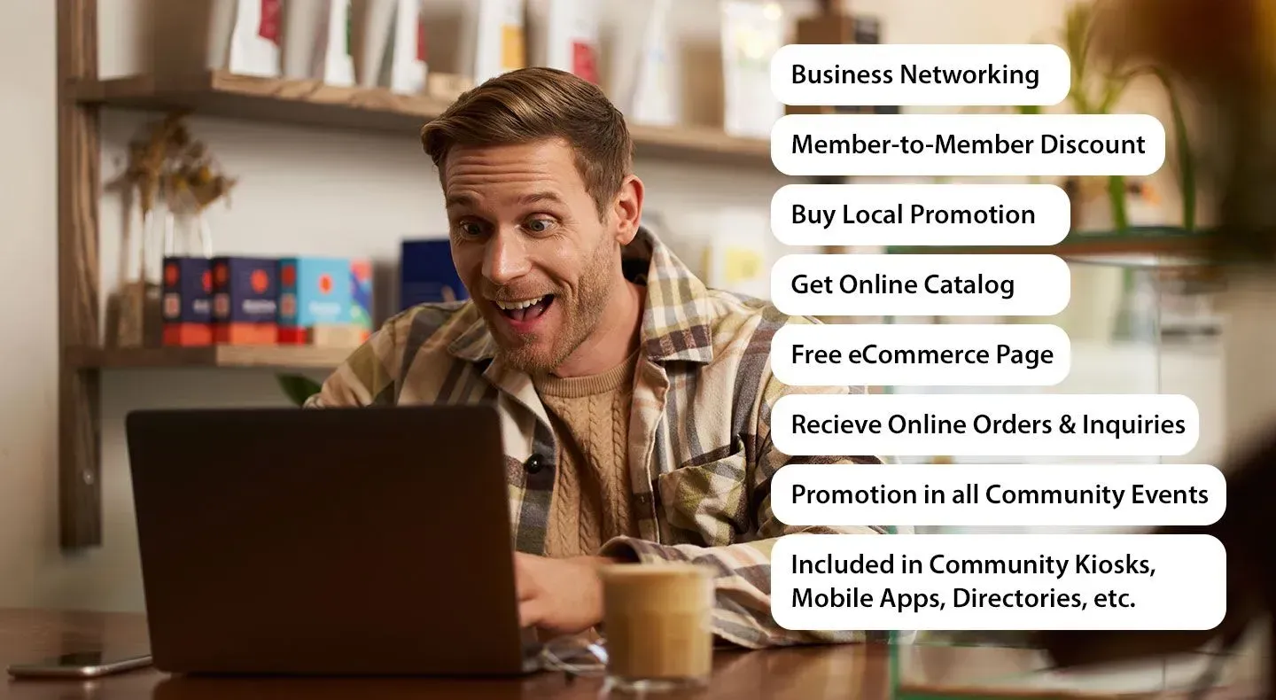 Man excited at laptop, with text bubbles: business networking, discounts, local promotion, catalog, e-commerce, and communit