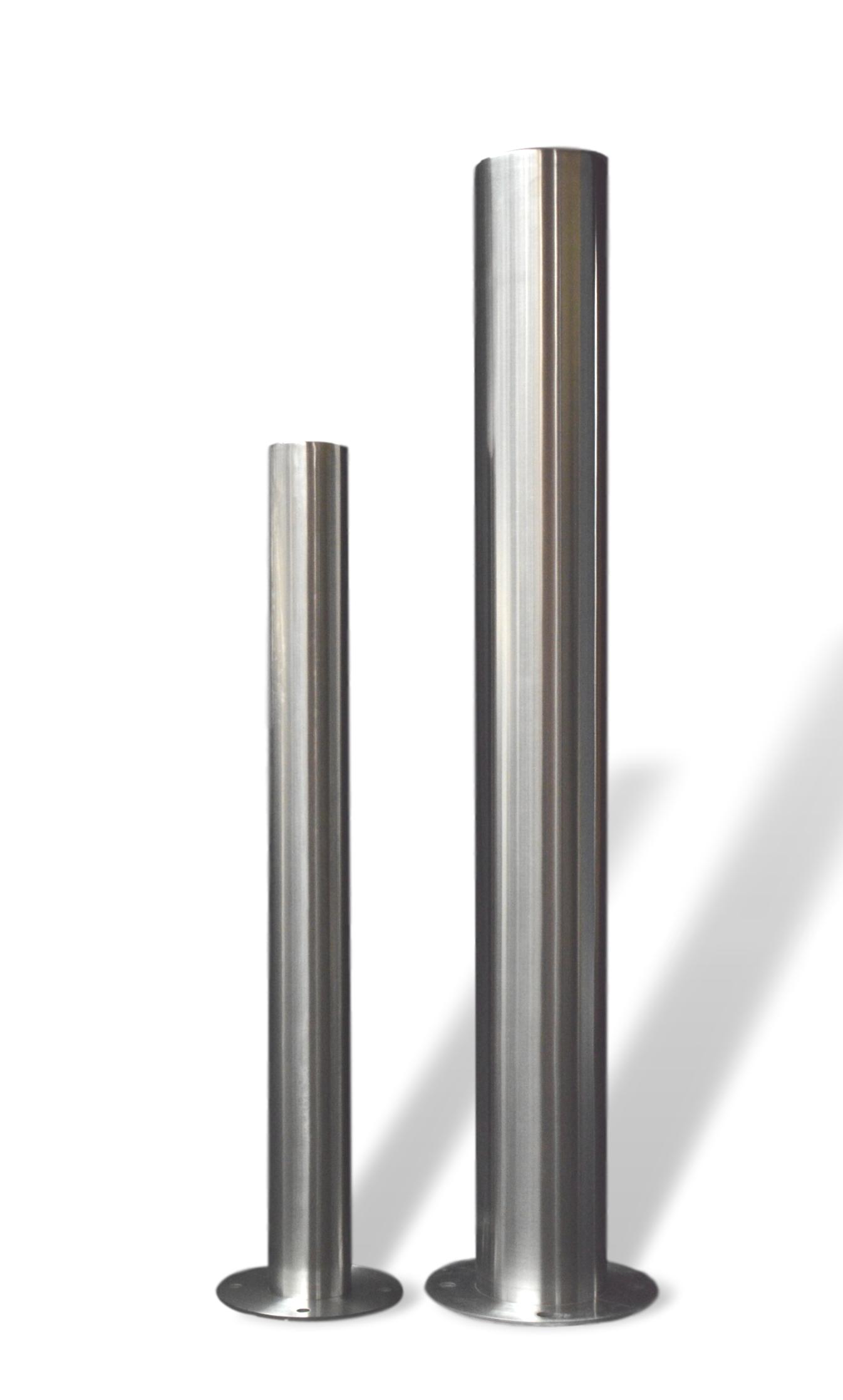 Stainless steel bollards, one large and one small next to each other