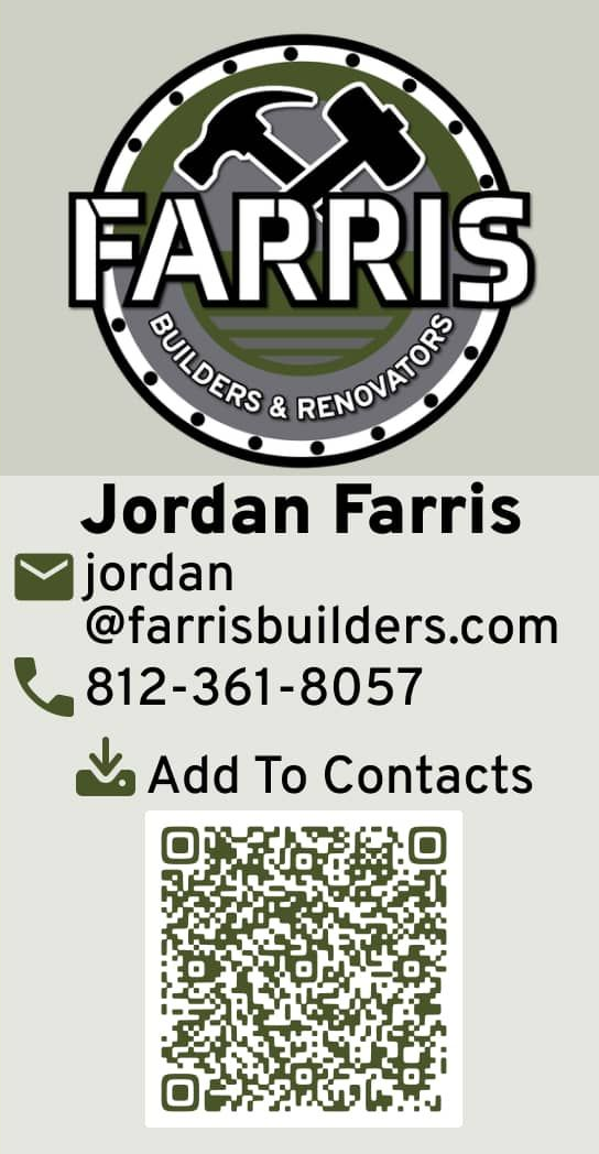 Business card for Farris Builders & Renovators with logo, contact info, and QR code.