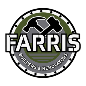 Logo for Farris Builders & Renovators with crossed hammers and text.