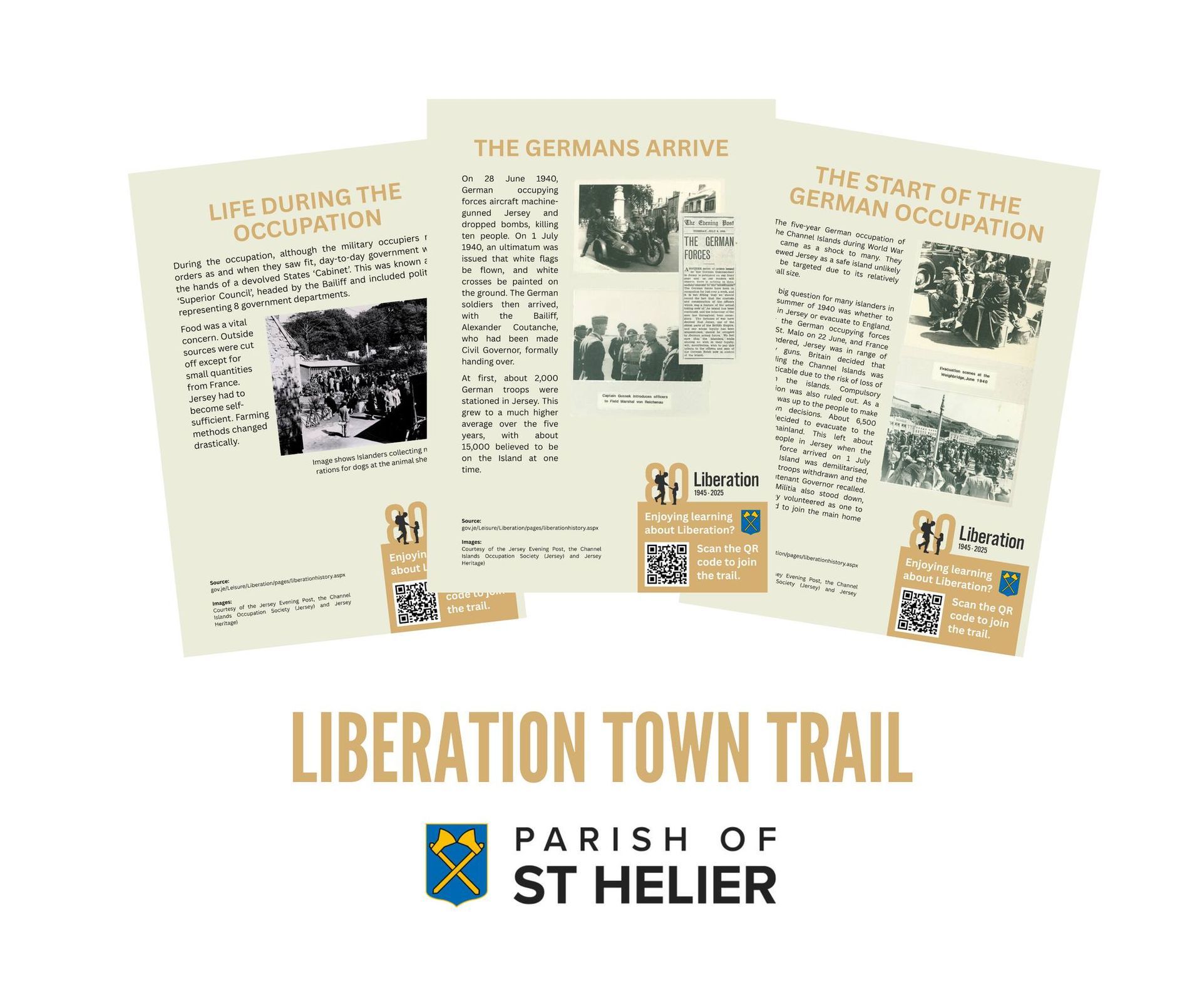 A logo for liberation town trail with a soldier holding a child 's hand