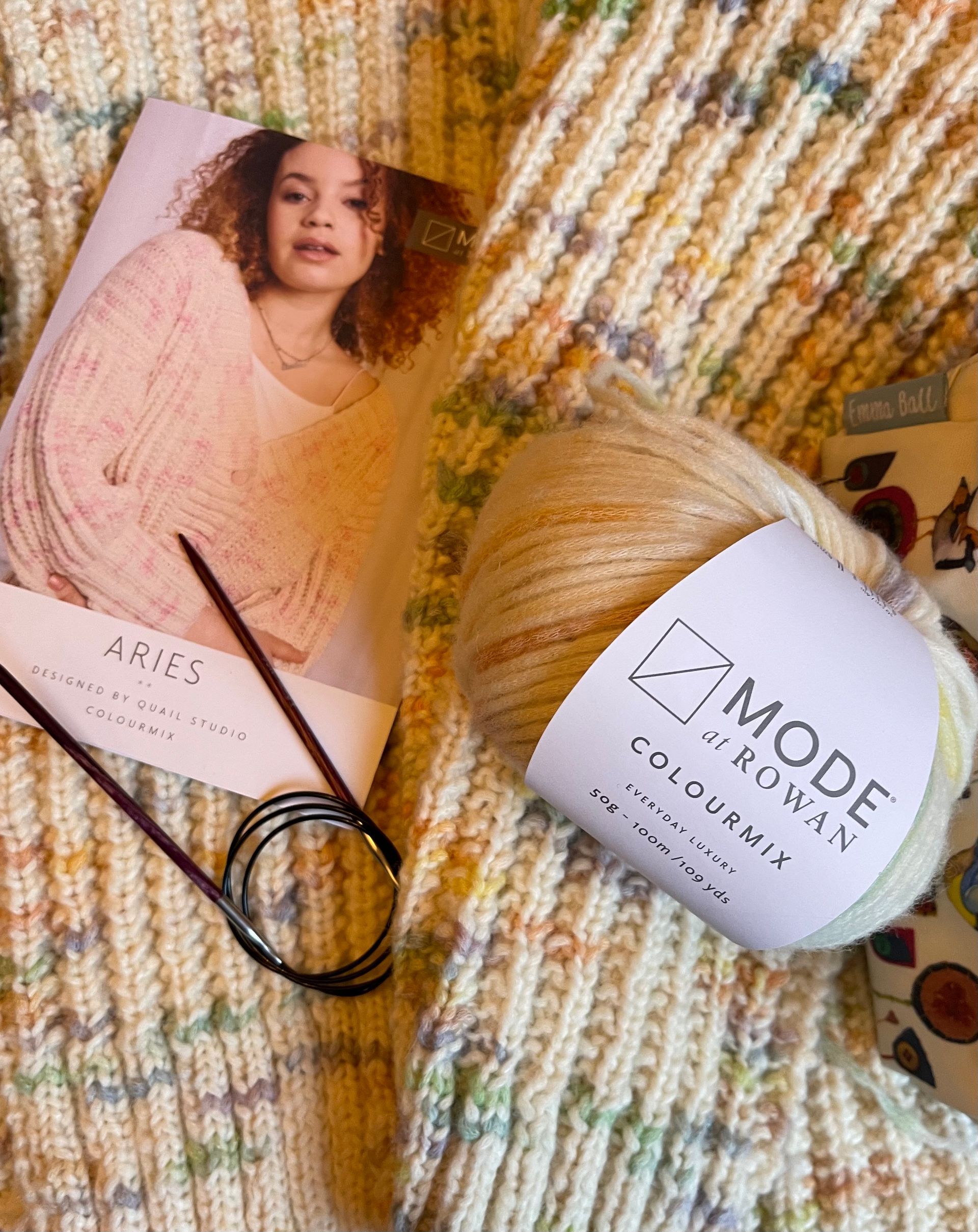 A skein of variegated yellow and pastel yarn with knitting needles, a pattern booklet, and a partially knitted garment.
