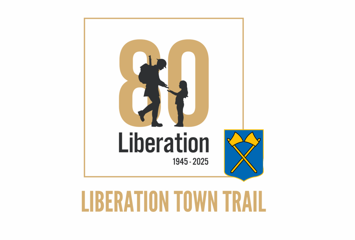A logo for liberation town trail with a soldier holding a child 's hand.