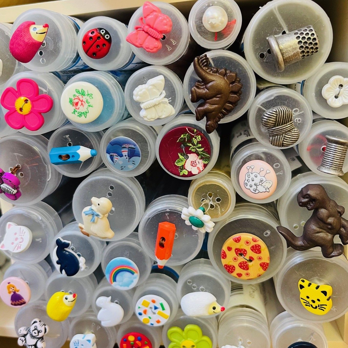 A bunch of plastic containers filled with different types of buttons