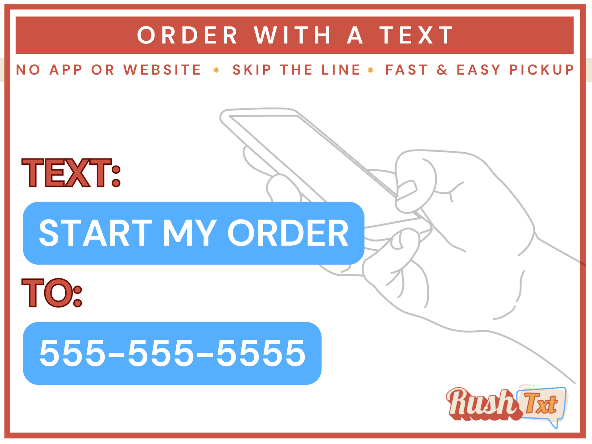 A hand is holding a cell phone with a message that says order with a text