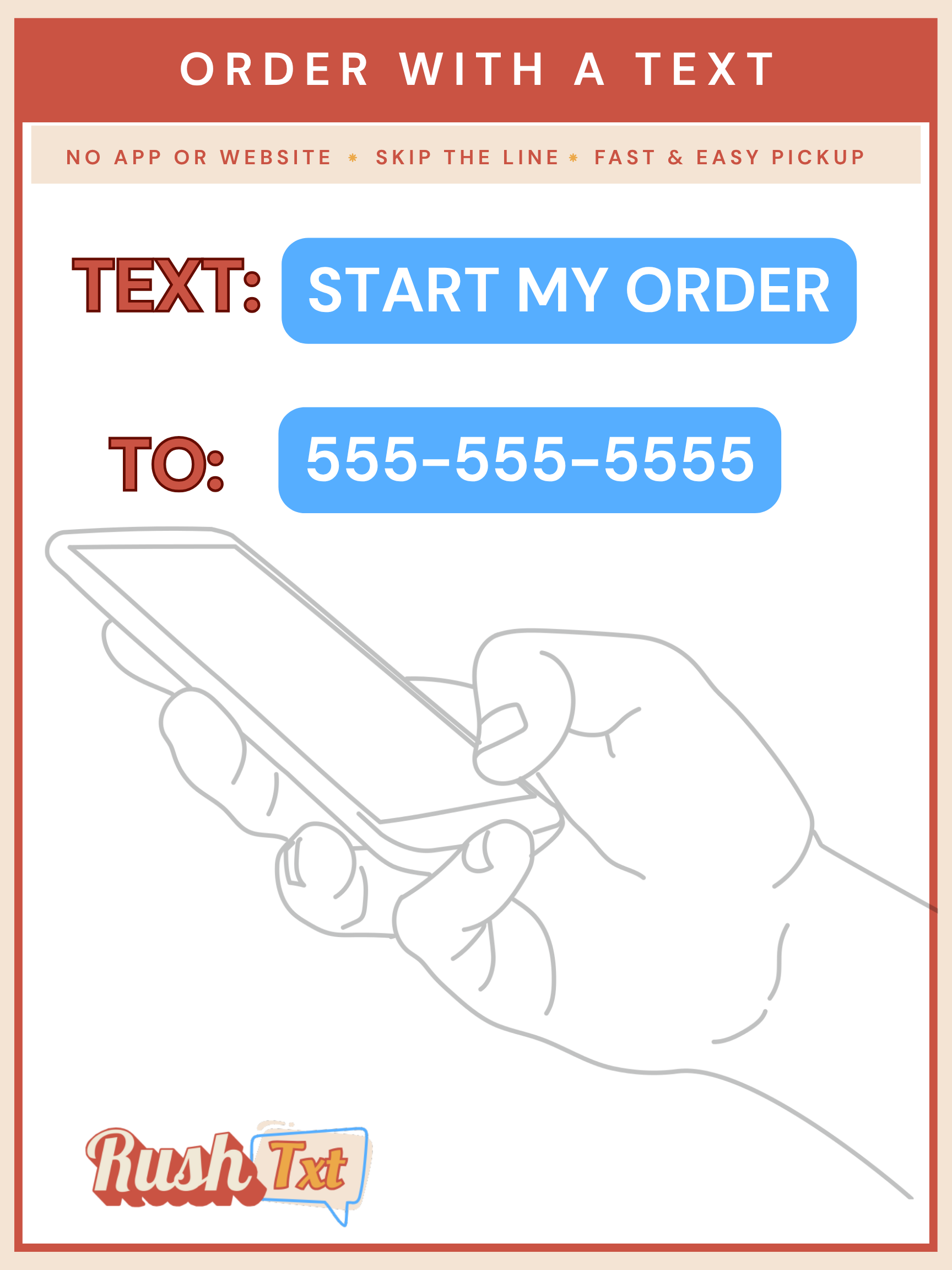 A hand is holding a cell phone with a message that says order with a text