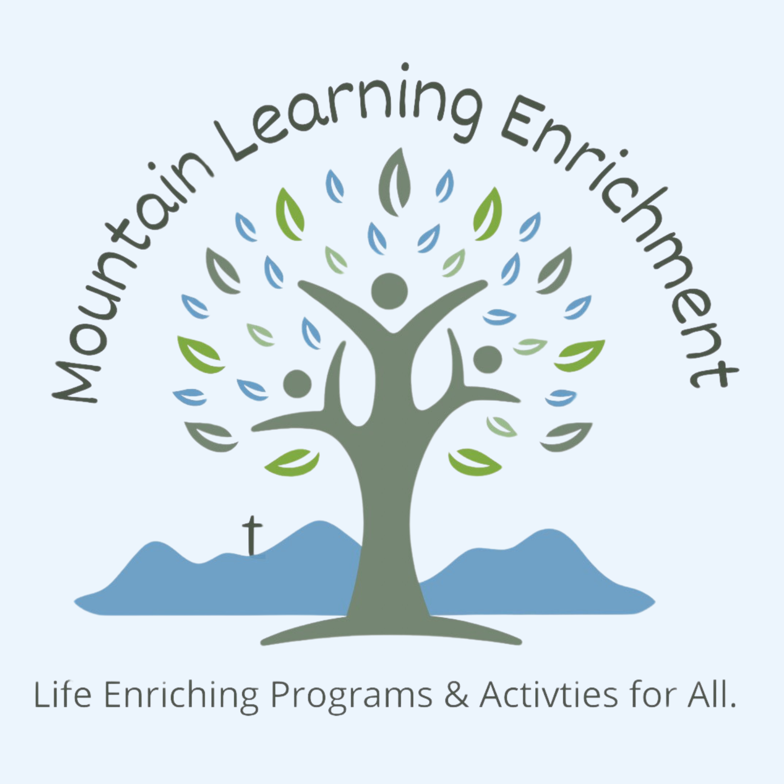 a logo for mountain learning enrichment with a tree and mountains in the background .