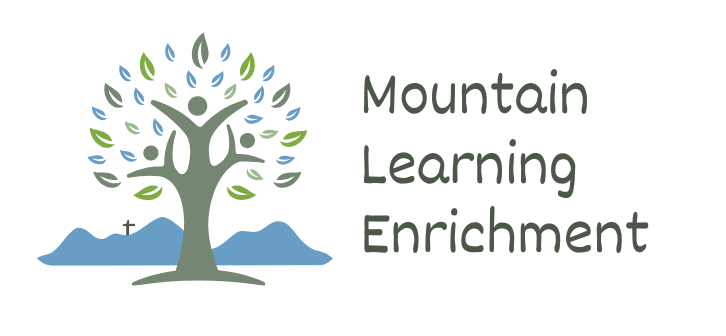 a logo for mountain learning enrichment with a tree and mountains in the background .