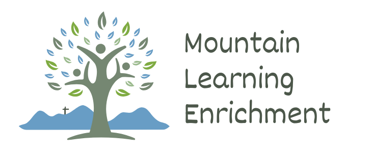 a logo for mountain learning enrichment with a tree and mountains in the background .