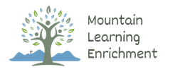 a logo for mountain learning enrichment with a tree and mountains in the background .